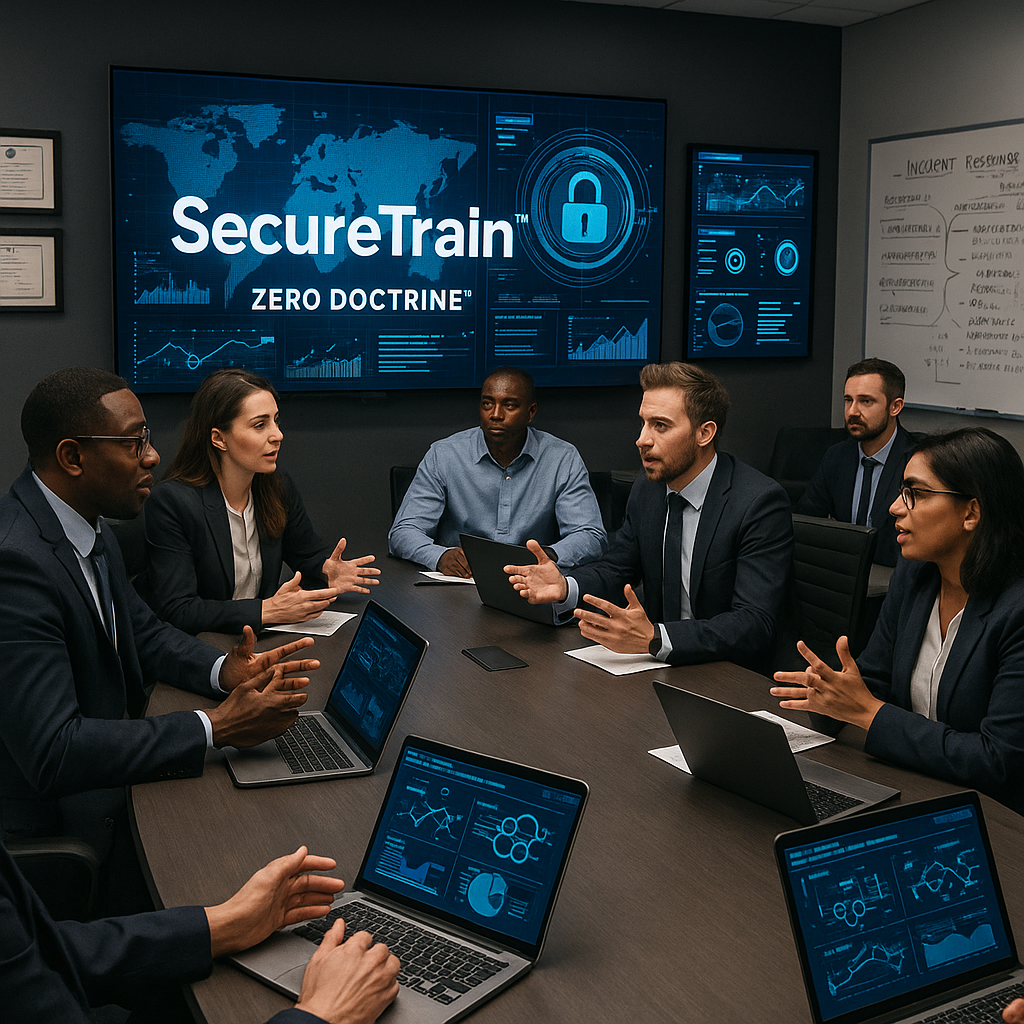 A sleek modern conference room is filled with hightech equipment and digital screens displaying realtime data and graphics related to cybersecurity In the foreground a diverse group of professionals both men and women are engaged in animated discussi