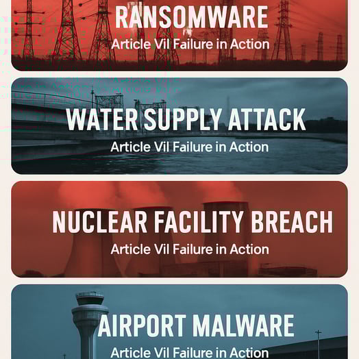 Feedstyle layout of 34 cards representing recent bulletins titles like Energy Grid Ransomware Article VII Failure in ActionRedblue color overlays depe-1