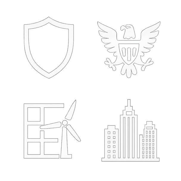 Four white emblemlike icons shield for defense eagleseal for federal gridturbine for infra highrise skyline for F500 Put 2 emblems per row