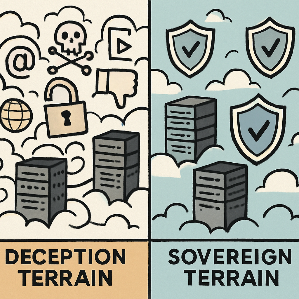 Split illustrationLeft chaotic public internet icons clouds random servers labeled Deception TerrainRight hardened enclaves shield emblems labeled Sov-1