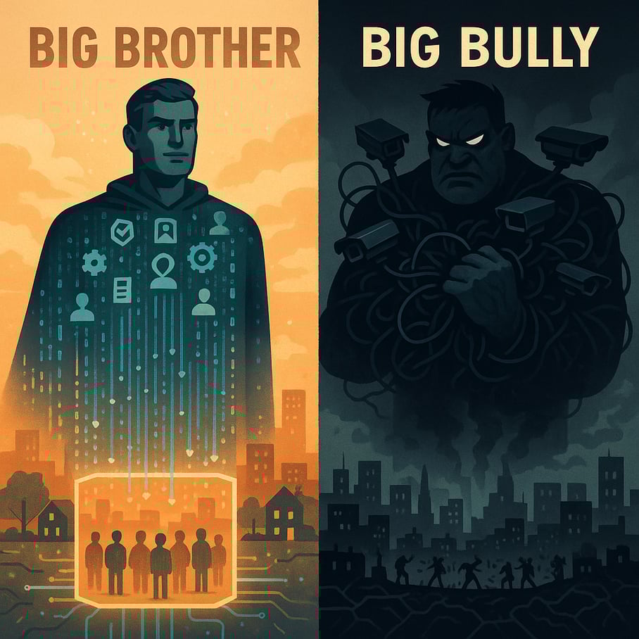 The image depicts a stark contrast between two allegorical figures representing Big Brother and Big Bully On the left Big Brother stands tall with a protective stance wearing a digital cloak that shimmers with symbols of transparency and accountabili-1